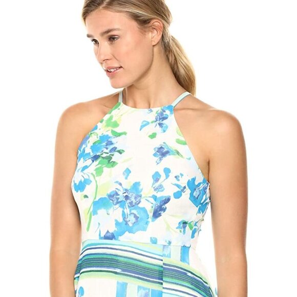 Donna Morgan Halter Dress Size: 10 White Blue Floral Asymmetrical NWT - Picture 3 of 3